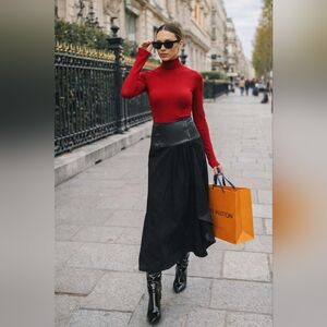 Black Suede & Leather Asymmetrical Wrap Midi Skirt S